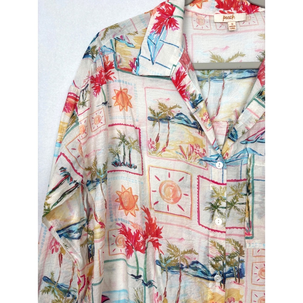Peach Shirt Womens Small Tropical Beach Postcard Print Button Up